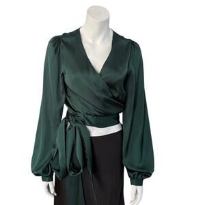 Lovers + Friends Blouse Medium Dark Green Long Sleeve Satin Kelly Top